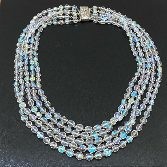 Vintage Unsigned Czech Fire Polished Aurora Borealis 5- Strand Beaded Necklace - Picture 2 of 11